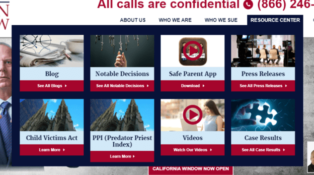 A website interface with sections for Blog, Notable Decisions, Safe Parent App, Press Releases, Child Victims Act, Predator Priest Index, Videos, and Case Results. Each section has a thumbnail and link.