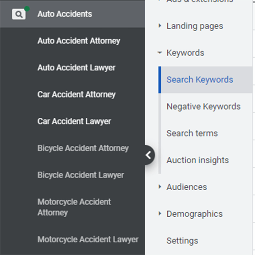 Screenshot of a digital ads interface showing keywords for auto accidents, bicycle accidents, and motorcycle accidents with options for attorneys and lawyers. Menu options include search keywords and settings.