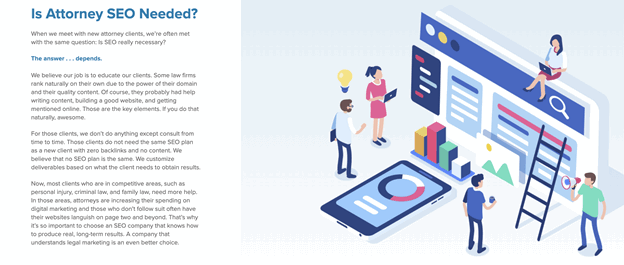Infographic titled "Is Attorney SEO Needed?" It features a large website interface, a smartphone, and people working on SEO elements like web design and copywriting, illustrating discussions on SEO necessity.