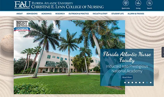 Screenshot of FAU Nursing College website highlighting faculty induction into a national academy.