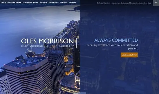 Website landing page for Oles Morrison Rinker Baker LLP, featuring a cityscape background and text stating "Always Committed: Pursuing excellence with collaboration and passion.