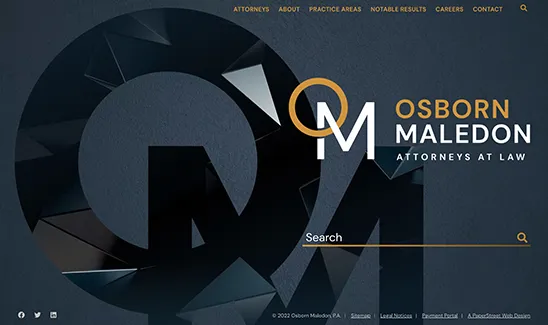 Homepage of Osborn Maledon law firm featuring a dark geometric logo, "OM", and a search bar. Menu options include "Attorneys", "About", "Practice Areas", "Notable Results", "Careers", and "Contact".