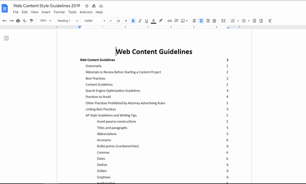 A Google Docs page titled "Web Content Guidelines" displaying a list of sections including Grammarily, Best Practices, SEO Guidelines, AP Style Guidelines, and various writing tips with page numbers.