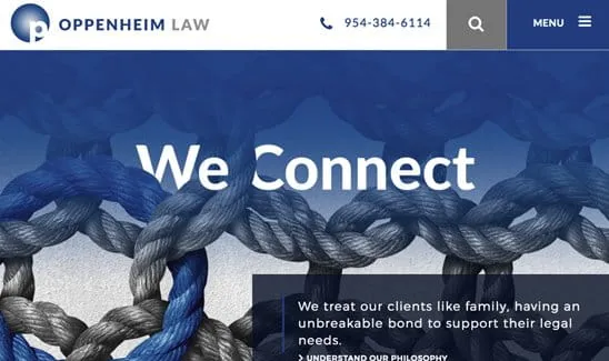 A law firm's website header with the text "We Connect." Two sets of intertwined ropes are in the background. The firm name "Oppenheim Law" and contact number "954-384-6114" are displayed at the top.