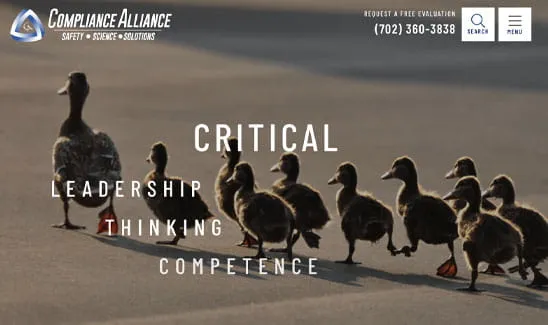 A group of ducks walking in a line with the words "Critical Leadership Thinking Competence" overlaid. The image also contains the Compliance Alliance logo, a contact number, and a menu icon.