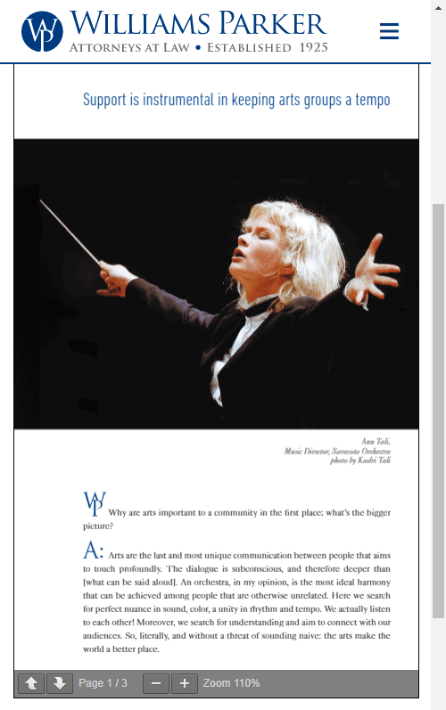 An orchestral conductor is shown in the act of conducting, with one hand raised and a baton in the other. Text above the image reads, "Support is instrumental in keeping arts groups a tempo.