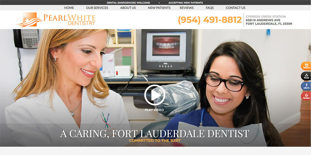 Two women in a dental office smile while looking at a clipboard. The text reads "PearlWhite Dentistry" and displays contact information and services. A video play button is centered on the screen.