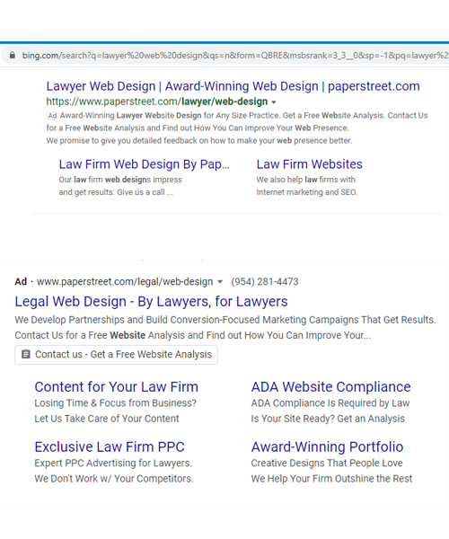 Screenshot of a Bing search results page for "lawyer web design" showing a paid ad by paperstreet.com, offering web design services, PPC advertising, and ADA website compliance for law firms.