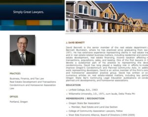 Profile of J. David Bennett, a real estate attorney in Portland, Oregon, detailing his education, practice areas, and professional achievements. An image of houses appears in the backdrop.