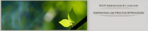 A small green leaf on a branch against a blurred green background. The text on the right reads, "B2B Arbitration & Litigation Arbitration Law, Practice & Procedure.