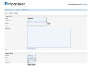 Screenshot of a project management interface titled "TO DO: ADD PROJECT" with fields for client, assigned to, deadline, project name, description, and status options.