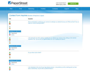 A screenshot of a web page displaying contact form inquiries on PaperStreet's website. The inquiries pertain to website redesign, online catalog capability, service pricing, and logo design services.