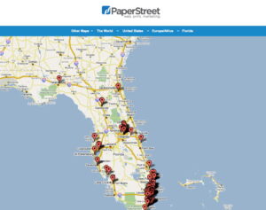 A map of Florida from PaperStreet displaying numerous location markers spread throughout the state.