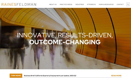 Entrance to a modern law firm's website with a slogan: “Innovative, results-driven, outcome-changing,” set in a dynamic, bright hallway scene featuring blurred people moving. Firm news updates below.