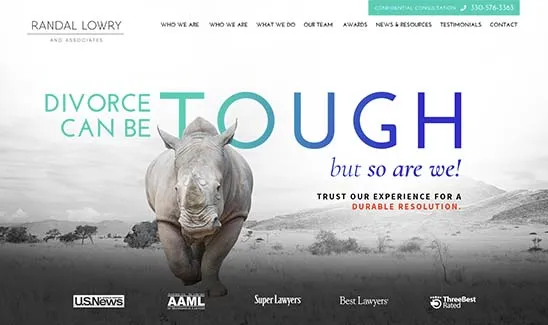 Website landing page for Randal Lowry & Associates. Features a rhino and the slogan "Divorce can be tough but so are we!" Includes contact info and logos for US News, AAML, Super Lawyers, Best Lawyers, and ThreeBestRated.