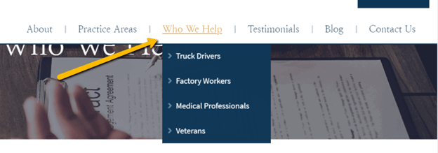 A website dropdown menu titled "Who We Help" with options including Truck Drivers, Factory Workers, Medical Professionals, and Veterans. An arrow points to the menu's title.