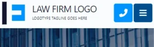 Header of a law firm's website showing a logo, the text "LAW FIRM LOGO", and placeholders for a phone icon and menu icon. The background features an image of a modern glass building.