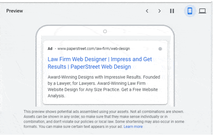 A preview screen displaying an ad by PaperStreet Web Design that reads: "Law Firm Web Designer | Impress and Get Results | PaperStreet Web Design". Award-winning designs for lawyers by a lawyer.
