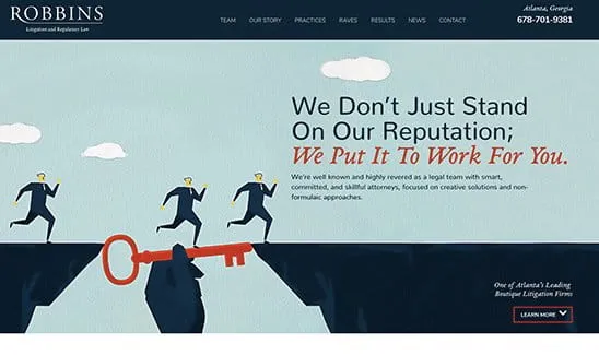 Webpage for Robbins law firm, featuring an illustration of a key unlocking a path for people in business attire. Text highlights the firm's focus on creative, non-formulaic solutions. Contact details are provided.