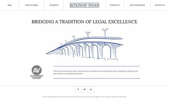A webpage from Rossway Swan law firm displaying a drawing of a bridge with the text "Bridging a Tradition of Legal Excellence" and "AV Preeminent" logo below.