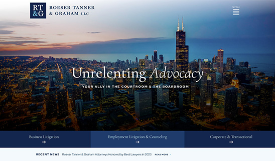 A cityscape view at dusk with the text "Unrelenting Advocacy - Your ally in the courtroom & the boardroom" from Roeser Tanner & Graham LLC. Menu options include Business Litigation, Employment Litigation & Counseling, and Corporate & Transactional.