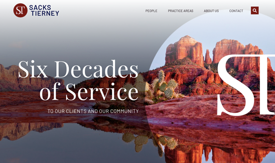 Sacks Tierney website showing "Six Decades of Service" message against a background of red rock formations and a lake, with navigation links including People, Practice Areas, About Us, and Contact.