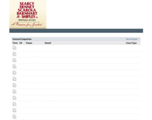 Screenshot of a webpage from Searcy Denney Scarola Barnhart & Shipley, with the firm's logo and a list of general inquiries showing columns for ID, Name, Email, Case Type, and options to view and export data.