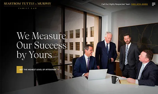 Four men in business attire are having a meeting in a modern office. The text on the image reads "SEASTROM TUTTLE & MURPHY Family Law - We Measure Our Success by Yours." A contact number is also visible.