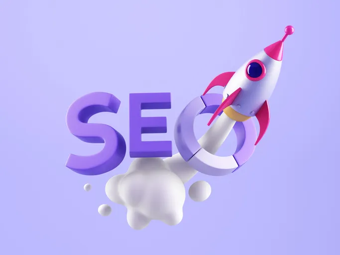 3D illustration of the letters "SEO" with a rocket launching through the "O," symbolizing search engine optimization and growth, set against a purple background.