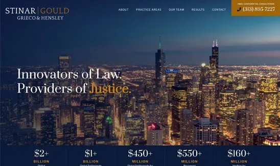 Website homepage for Stinar Gould Grieco & Hensley law firm, featuring their slogan "Innovators of Law. Providers of Justice" against a city skyline backdrop, contact details, and case results at the bottom.
