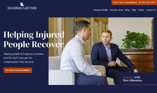Two men discuss something while seated in an office. The text reads, "Helping Injured People Recover. Helping people throughout Louisiana and The Gulf Coast get the compensation they deserve.