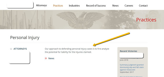 Screenshot of a Personal Injury webpage from a law firm's website, highlighting recent victories, attorneys, and their approach to personal injury cases.