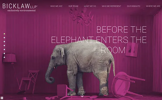 A room with overturned furniture and a chandelier, dominated by a gray elephant. Text overlaid reads "BEFORE THE ELEPHANT ENTERS THE ROOM." The image appears to be a visual from Bick Law LLP's website.