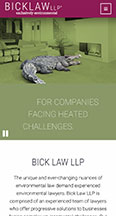 Advertisement for Bick Law LLP showing an alligator in a heated environment with the caption "For companies facing heated challenges." Text below describes the firm's expertise in environmental law.