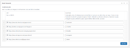Screenshot of a web page with fields to enter social media URLs, including Facebook, Twitter, Instagram, and LinkedIn, each followed by an input for an icon class. An "Add New" button is at the bottom.