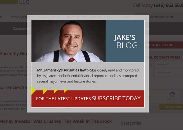 A pop-up on a website features a man in a dress shirt and tie promoting "Jake's Blog," encouraging users to subscribe for updates on securities law.