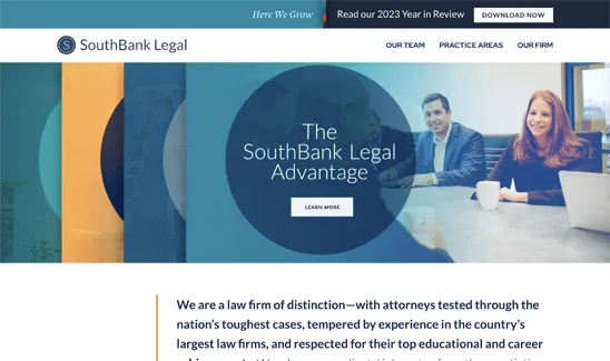 A screenshot of the SouthBank Legal website homepage, featuring their logo, a navigation menu, and a main section with text promoting "The SouthBank Legal Advantage." Two people are sitting at a desk.