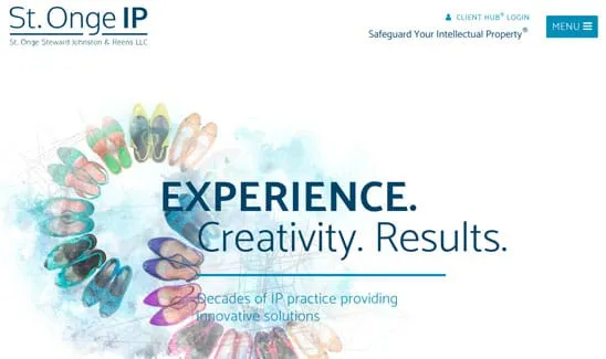 Homepage of St. Onge IP firm features colorful shoes arranged in a circle pattern, with the tagline "EXPERIENCE. Creativity. Results." and a menu button in the top right corner.