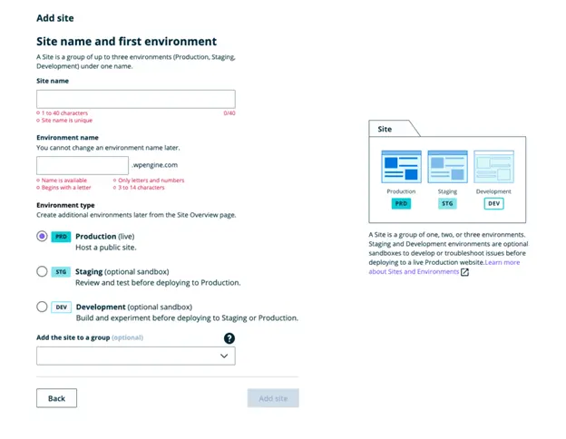 Screenshot of a webpage showing a form to add a site, including fields for site name, environment type, and an option to add the site to a group. An illustration of three environments is also shown.