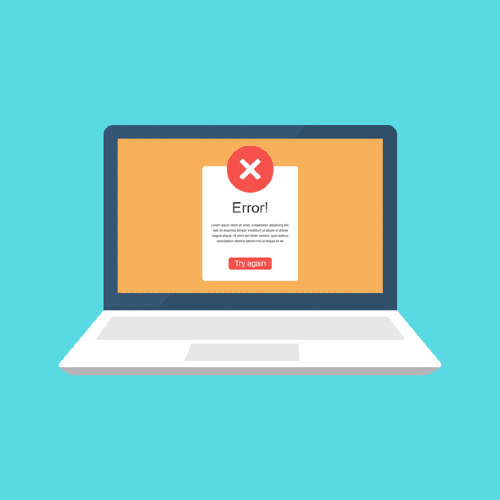 Graphic of a laptop displaying an error message with a red cross symbol and a "Try again" button on the screen. Background is light blue.