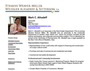 A professional profile document detailing Mark C. Alhadeff's position, contact information, and credentials as an associate in the Real Estate Department at Stearns Weaver Miller Weissler Alhadeff & Sitterson, P.A.