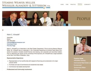 Screenshot of a professional firm's webpage highlighting an associate's details, with a photo of six smiling people at the top. The text provides bio and contact information for Mark C. Alhadeff.