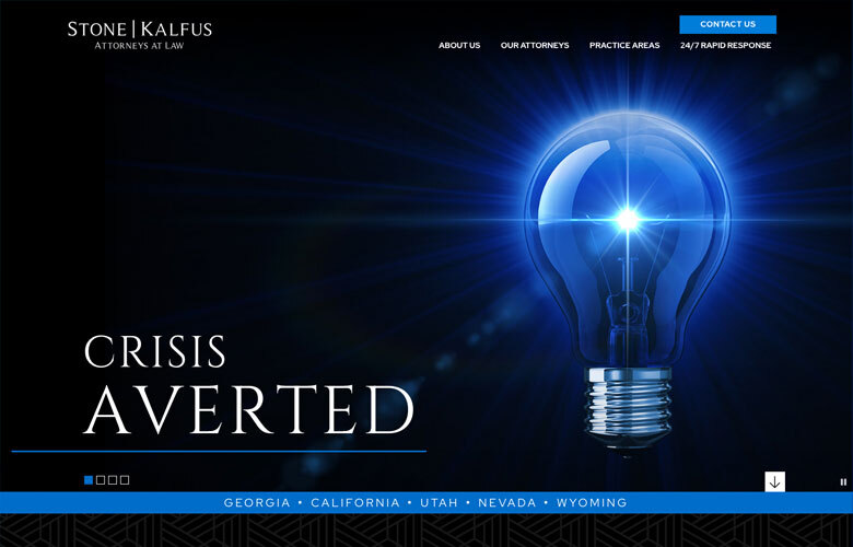 Image of a website homepage for Stone Kalfus LLP. The page features a blue light bulb with text "Crisis Averted" and menu options for "About Us," "Our Attorneys," "Practice Areas," and contact details. Stone Kalfus LLP launches new website to better serve clients' needs.