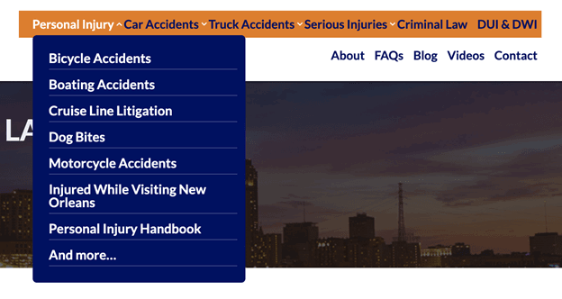Website navigation menu displaying various personal injury legal services, including bicycle accidents, boating accidents, cruise line litigation, dog bites, motorcycle accidents, and more.