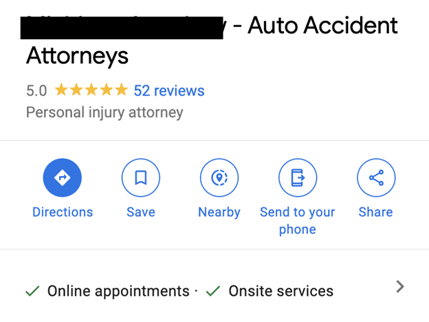 A 5-star rated auto accident attorney with 52 reviews, offering services like online appointments and onsite services. Directions, save, nearby, send to phone, and share options are available.