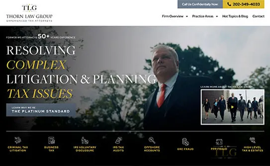 A webpage for Thorn Law Group featuring tax attorneys, contact information, and links for services including litigation, business tax, IRS audits, offshore accounts, and pandemic-related fraud cases.