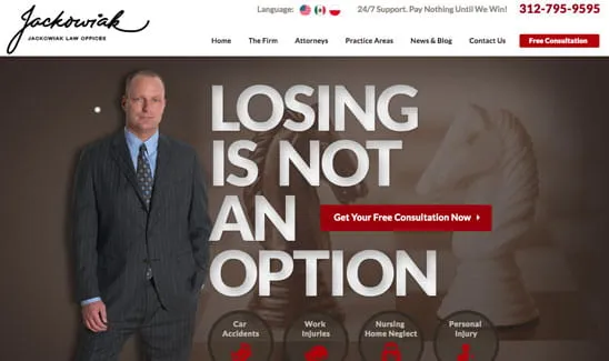 Website homepage for Jackowiak Law Office featuring an attorney in a suit beside large text stating "Losing is not an option," and a red button that says "Get Your Free Consultation Now." Contact information is provided.