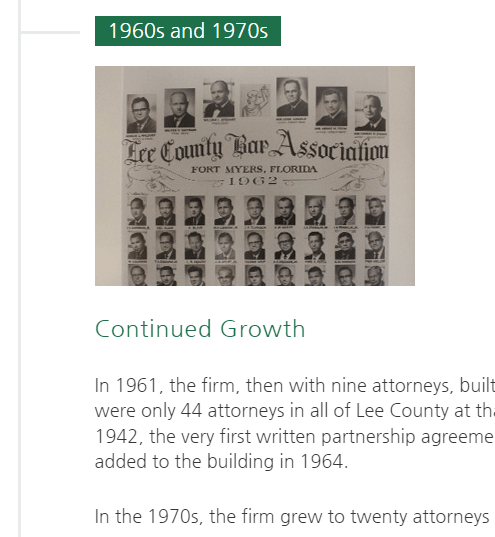 Black and white photo of the Lee County Bar Association from 1962. Below, text describes the firm's growth from nine to twenty attorneys between 1961 and the 1970s.