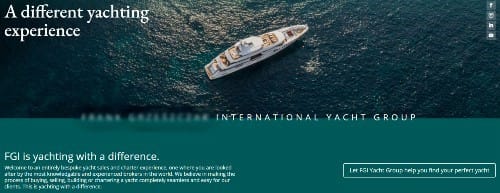 Aerial view of a yacht on the ocean with text promoting "A different yachting experience" and "FGI is yachting with a difference." Includes a call to action to find a perfect yacht.