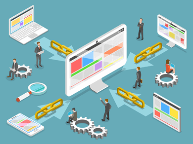 Illustration of people interacting with devices like laptops, tablets, and desktops, connected by chains and gears, representing digital communication and teamwork.